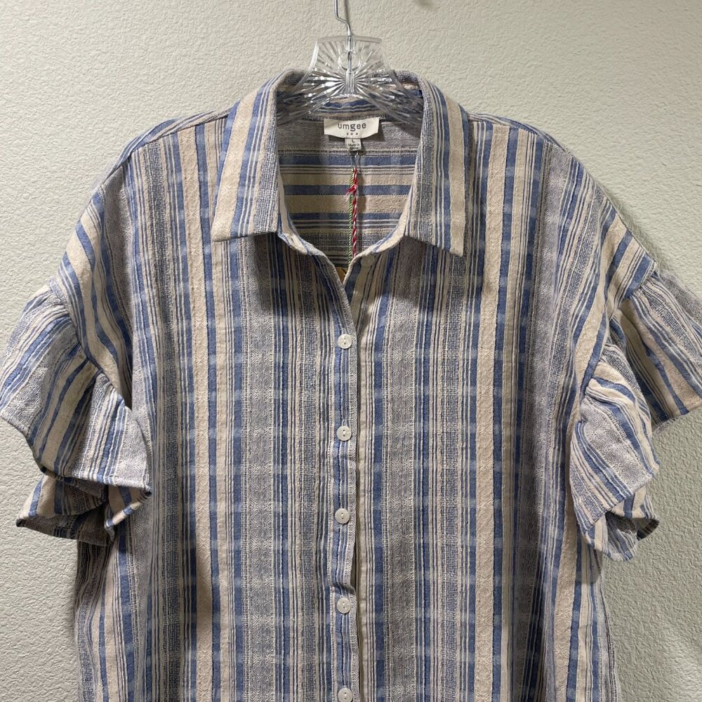 UMGEE  Flutter Short Sleeve Knee Length Oversize Shirt Dress Stripe Blue/Cream L - Picture 5 of 9